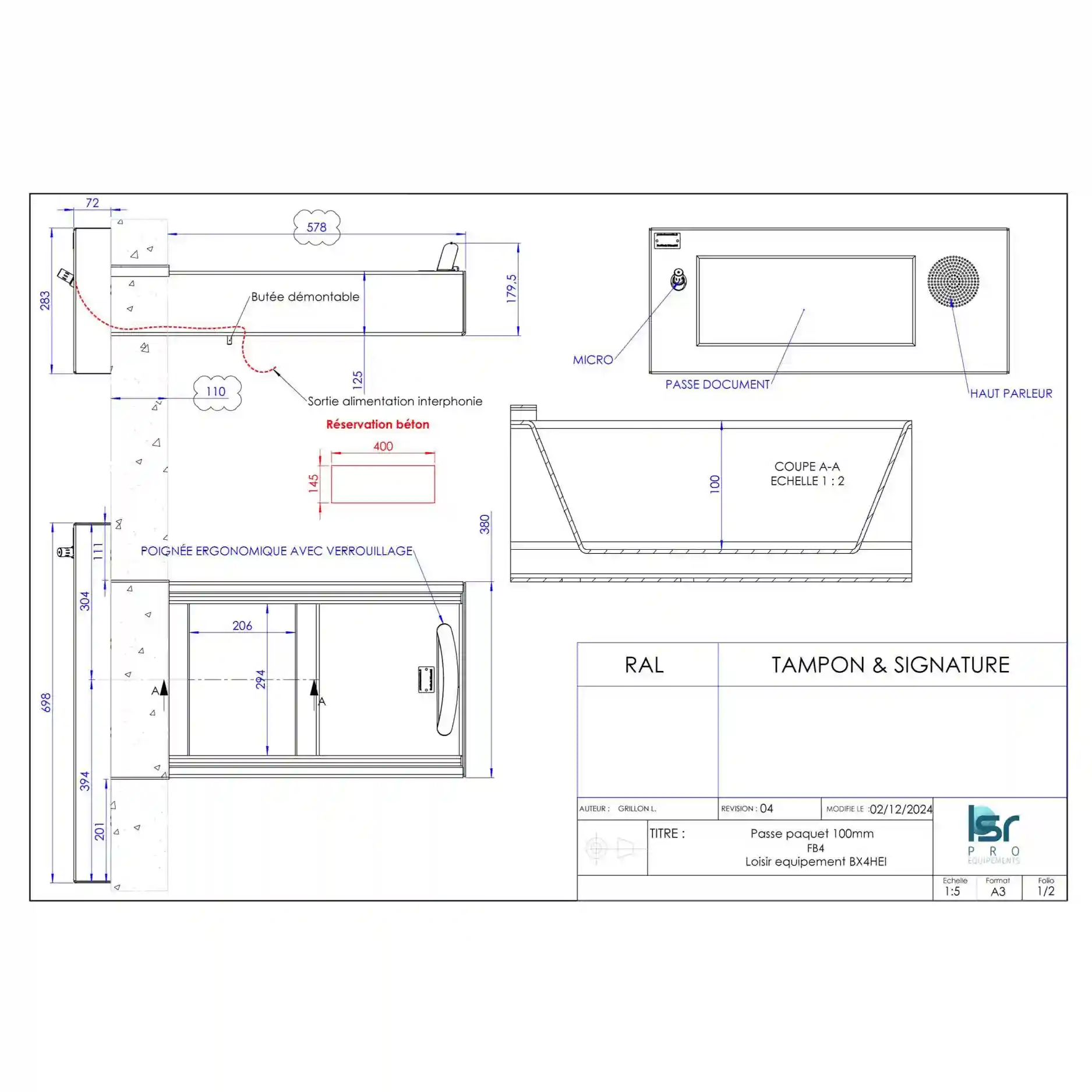 plan passe document de façade blindé + interphonie
