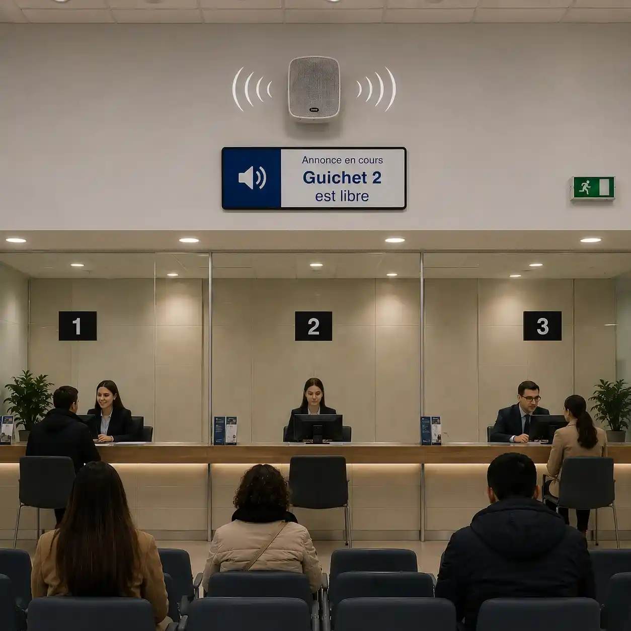 gestion de file d'attente sonore au guichet d'accueil